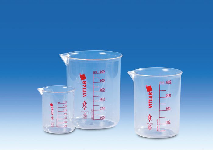 Griffin beakers, PMP, printed red graduations
