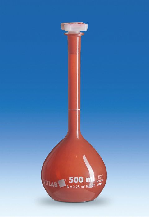 Volumetric flasks VITLAB® UV-protect, PMP, Class A, with NS stoppers, PP