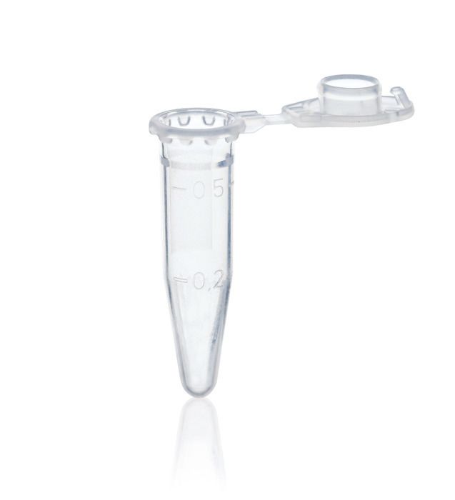 Microcentrifuge tubes, PP, 0.5 ml, with attached cap, transparent, BIO-CERT® PCR QUALITY — with lid closure